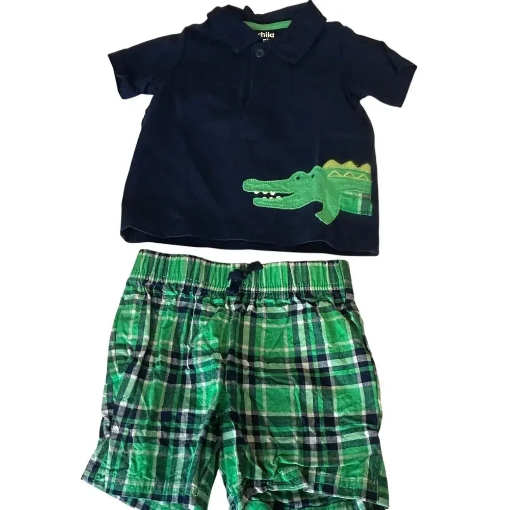 Child of Mine boys 18 M 2-piece blue alligator polo shirt green plaid shorts